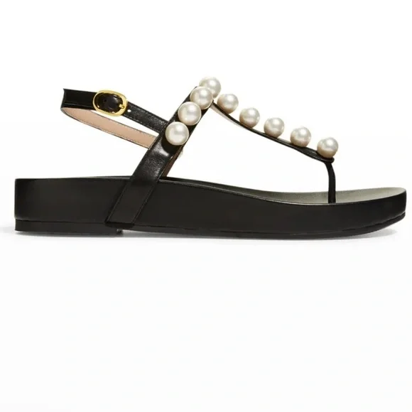 STUART WEITZMAN l Goldie Pearly Leather Flat Strap Sandal Black Leather Size 7 - Picture 15 of 15